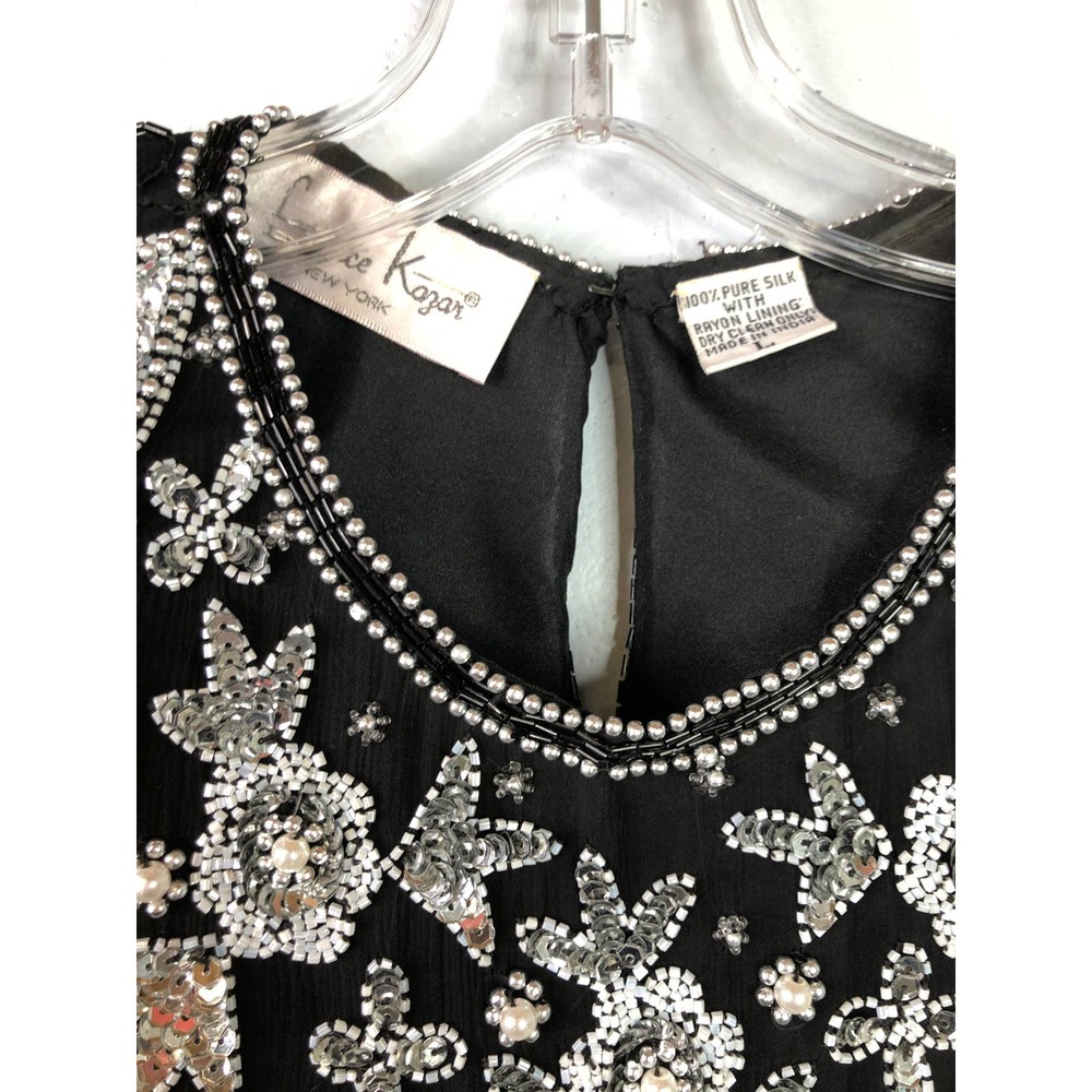 Laurence Kazar Vintage Short Sleeve silk top, Beaded, Black & Silver, Sz L - Picture 11 of 11